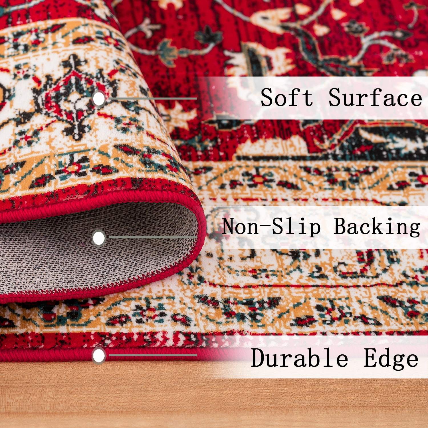 Yoneston 6' x 9' Vintage Bohemia Area Rug Machine Washable Bedroom Rug Soft Non-Slip with Printed Kitchen Mat for Living Room Playroom Dining Room Decoration, Red