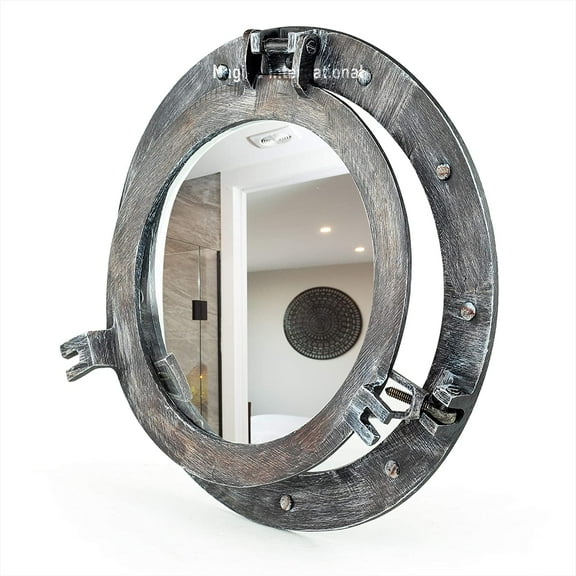 12" Rustic Black Grey Porthole Window | Vintage Ship Decor Mirror | Pirate Gift | Nagina International