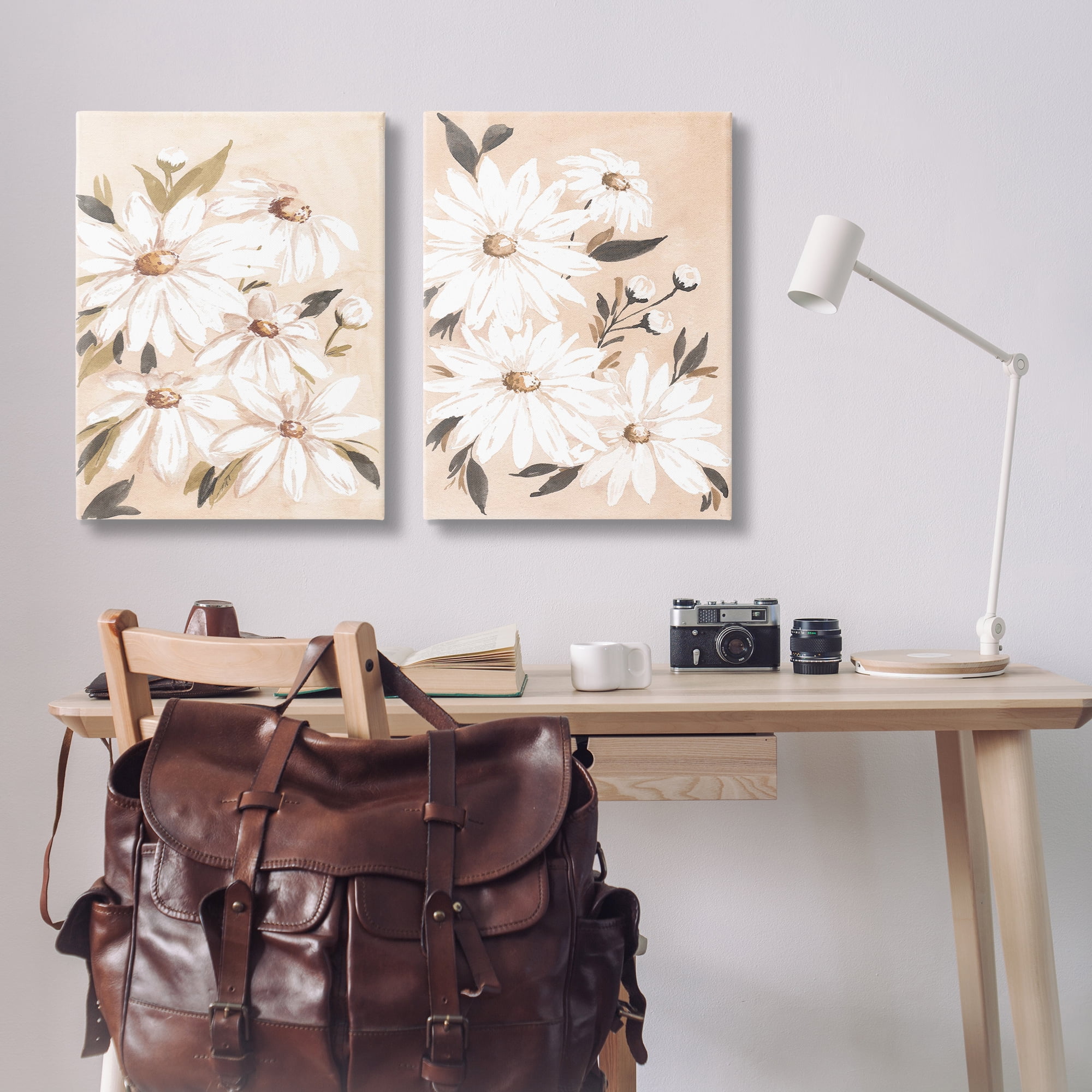 Stupell Industries White Daises on Peach Plants & Flowers Painting Wrapped Canvas Art Print Wall Art, 24 x 36, Set of 2