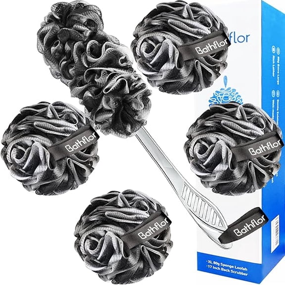 Fu997 Loofah Sponge Exfoliating Body Scrubber: 4PCS Extra Large 80g Shower Loofahs Poufs, 1PCS Long Handle Loofa Back Scrubber, 1PCS Luffa Hook, Charcoal Loofah Pack for Women Men Bath Wash, Black