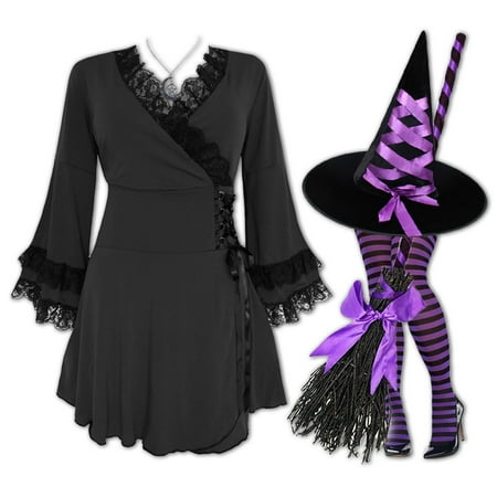 Plus and Regular Size Women's Halloween Witch Costume with Victoria Top, Hat and Tights