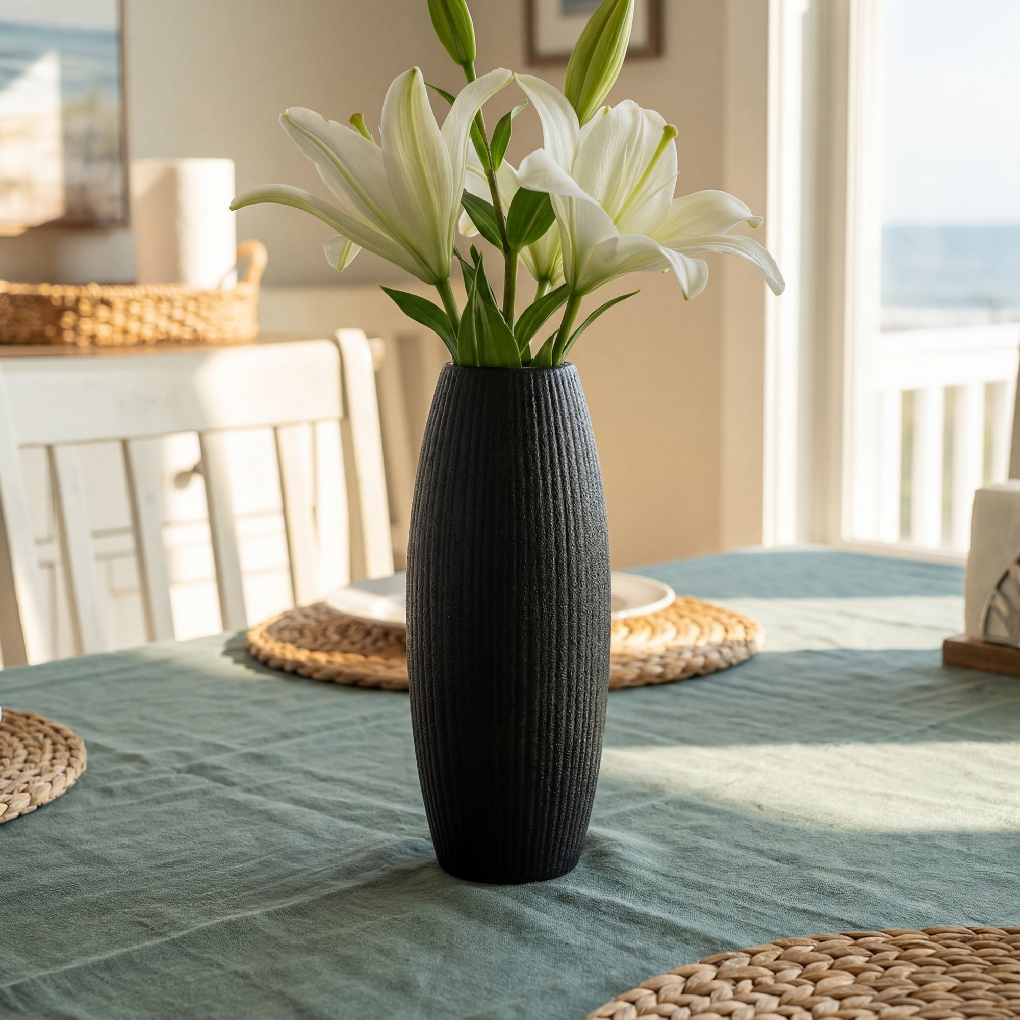 Unique Bargains Modern Decor Tall Ribbed Flower Vase Matte Black 3.0" x 3.0" x 7.1"
