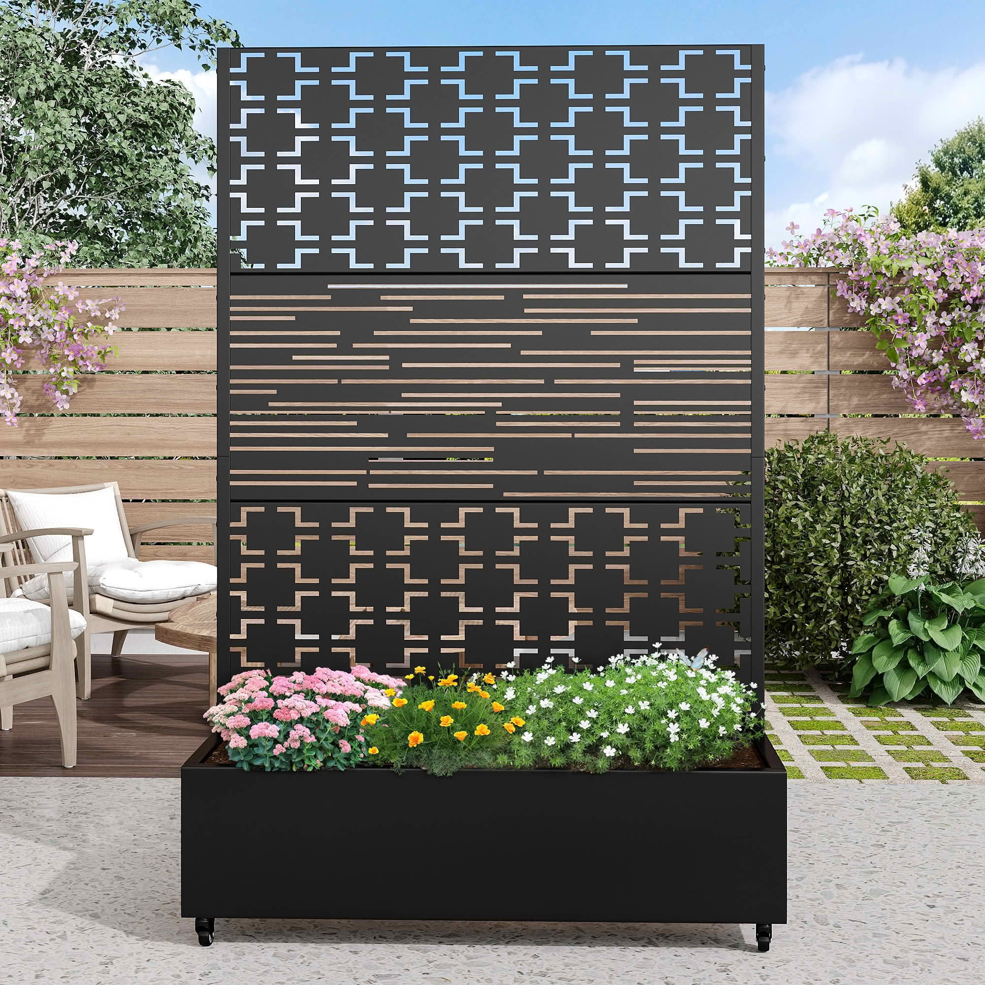 MAYEERTY 72x47x16 Inch Black Metal Planter Box with Trellis for Outdoor Garden & Patio