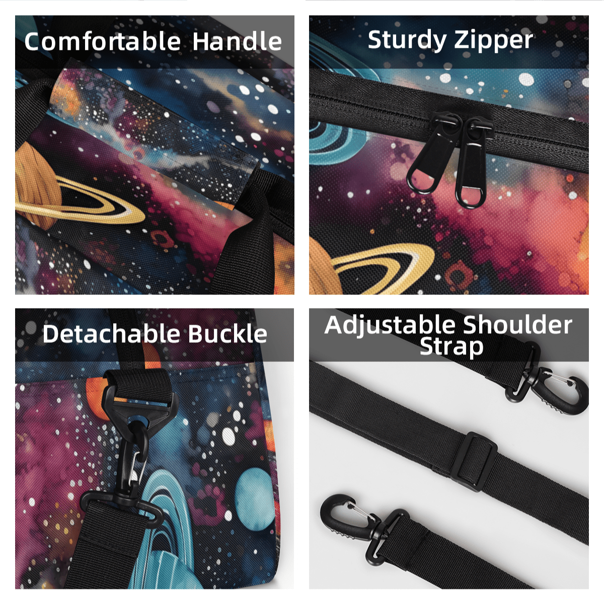 Herdesigns Outer Space Sports Duffle Bag for Women & Men, Solar System Universe Gym Bag Dance Bag Overnight Bag Carry On Weekender Travel Bag