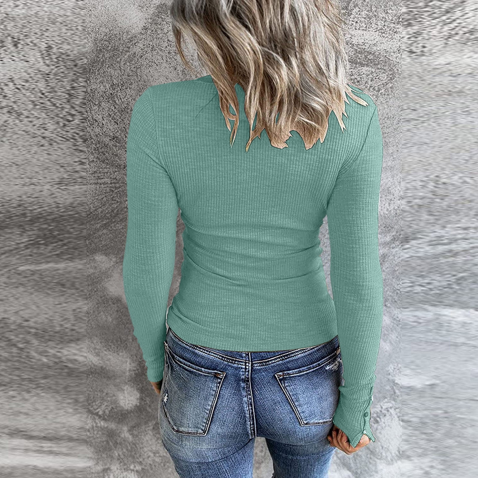 Green Women's Long Sleeve T-shirt, Women Long Sleeve Henley T Shirts Button Down Slim Fit Tops Scoop Neck Ribbed Knit Shirts,Women's Long sleeve T-shirt XXL