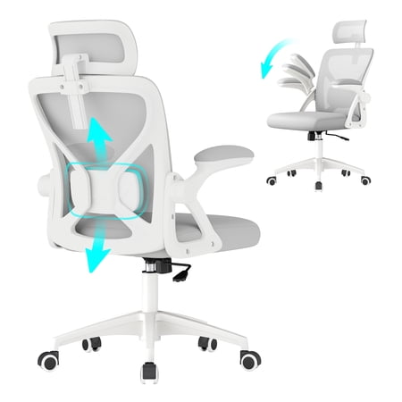 VASAGLE Ergonomic Mesh Office Chair with Adjustable Lumbar Support and Headrest, 90-105° Tilt Function, Wide Seat, Flip-Up Armrests, Dove Gray