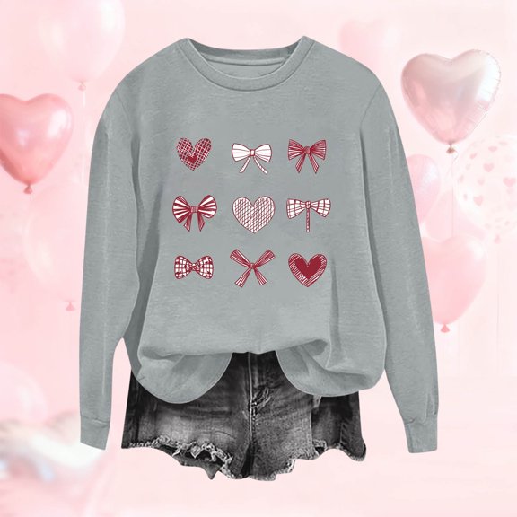 Wowcloth Women's Long Sleeve Casual Sweatshirt with Valentine Heart Print, Loose Fit Round Neck for Daily Wear and Valentine's Day