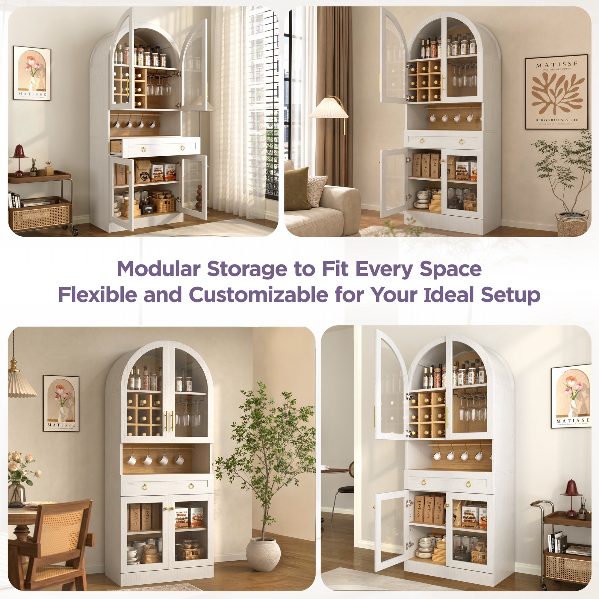 Euroco 70" Tall Arched Bar Cabinet, Mid-Century Coffee Bar Cabinet with Glass Holders,Wine Racks,Adjustable Shelf & Storage Drawer,Kitchen Pantry with Glass Doors,Wine Liquor Cabinet for Home,White