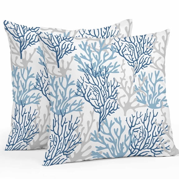 Throw Pillow Covers 16x16 Inch Set of 2, Navy Blue Coral Coastal Waterproof Outdoor Pillow Covers, Summer Beach Seaside Nautical Decorative Cushion Pillowcases for Couch, Sofa, Bed, Garden, Patio