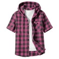 thumbnail image 5 of AJTQTH Fashion Boys Plaid Button Down Flannel Hoodie Shirts Lightweight Casual Summer Short Sleeve Hooded Outwear Jacket with Pockets Hot Pink 14-15 Years, 5 of 5