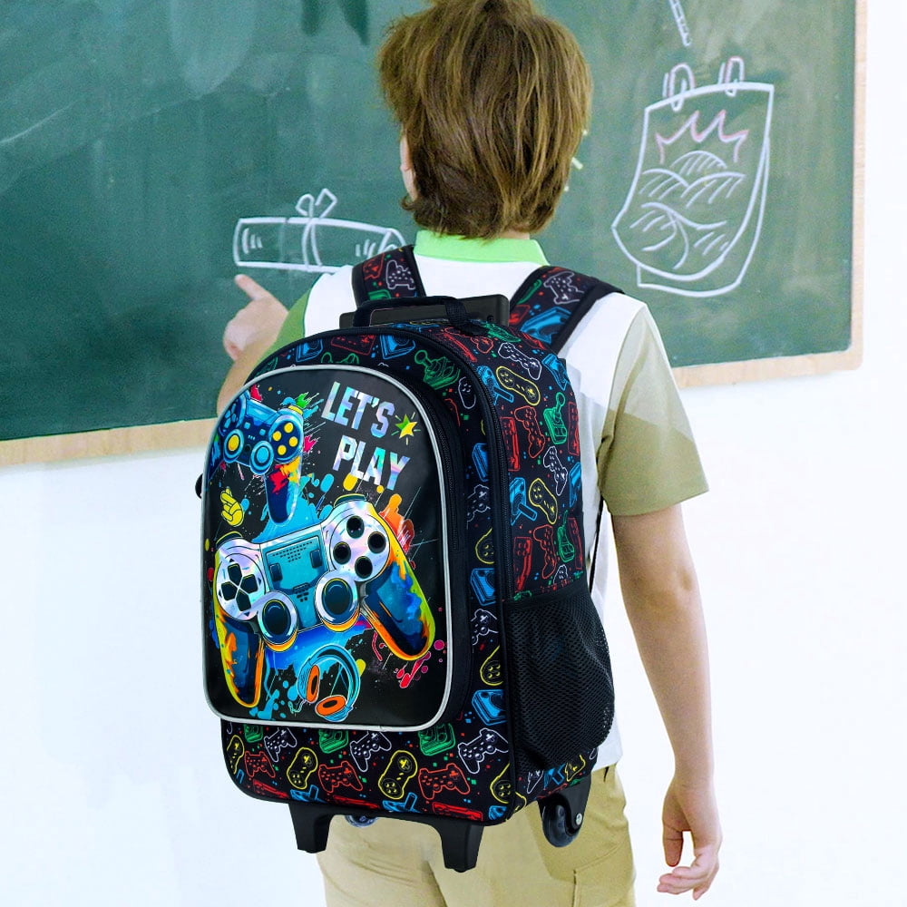 AGSDON 4PCS Boys Rolling Backpack, Cute Game Wheeled Bookbag, Roller School Bag with Wheels for Elementary Preschool Travel