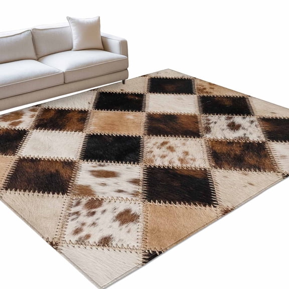 Diamond Hide Area Rugs 2.7x5ft Rustic Vintage Abstract Brown Black Cream Diamond Plaid Washable Rug, Non Slip Indoor Carpet Absorbent Floor Mat for Living Room Bedroom Dining Room