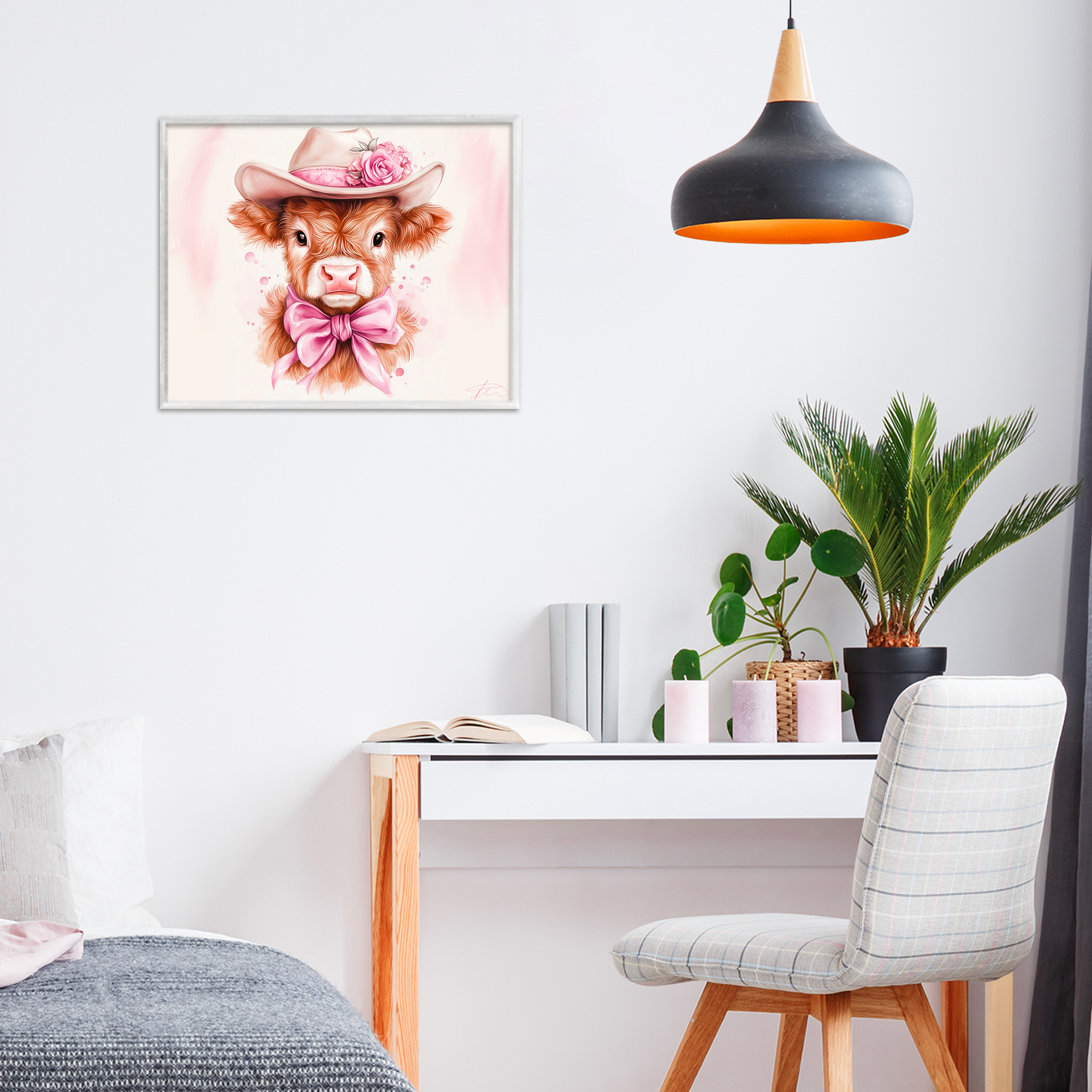 Pretty In Pink Cow White Framed Giclee Art, design by Shawna Stewart