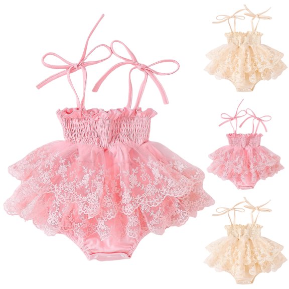Ulanda Newborn Baby Girl Summer Outfit Sleeveless Ruffle Smocked Halter Tulle Romper Dress One-piece Jumpsuit Clothes (Beige, 18-24 Months)
