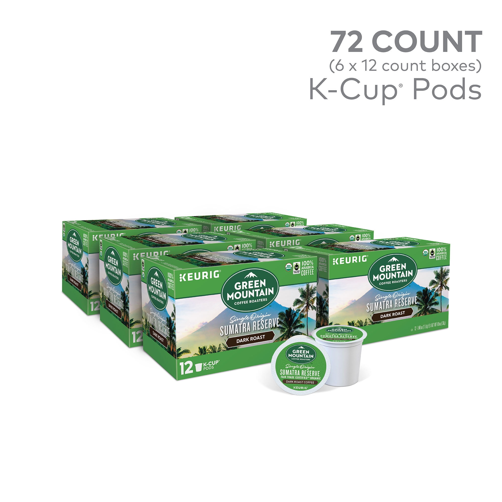 Green Mountain Coffee Sumatra Reserve Fair Trade Certified Organic K-Cup Pods, Dark Roast, 72 Count for Keurig Brewers