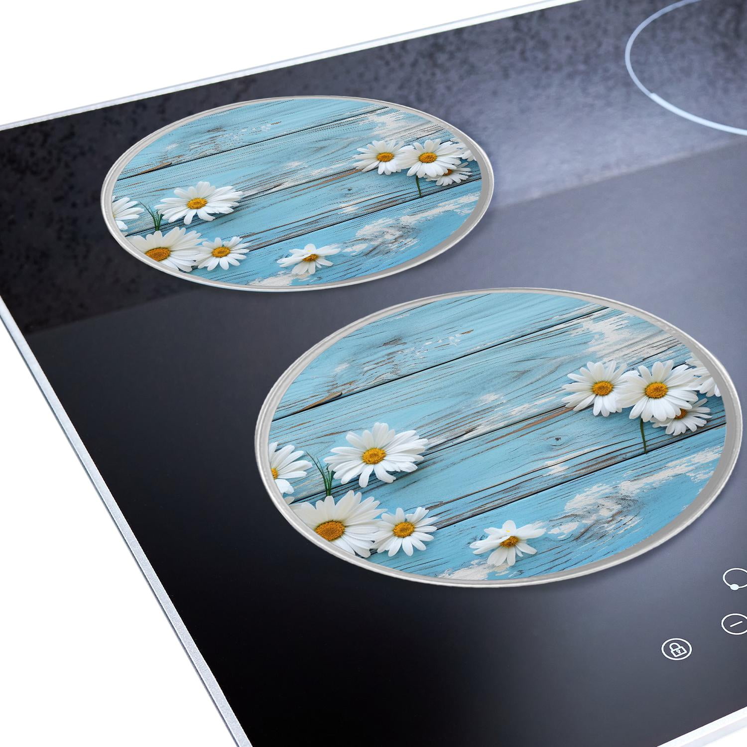 Decorative Stove Burner Covers 4 Pcs Metal Round Stove Burner Covers 8Inch And 10Inch for Home Decor Cooktop Decorative ,Daisy Flower on Blue Wooden Painting