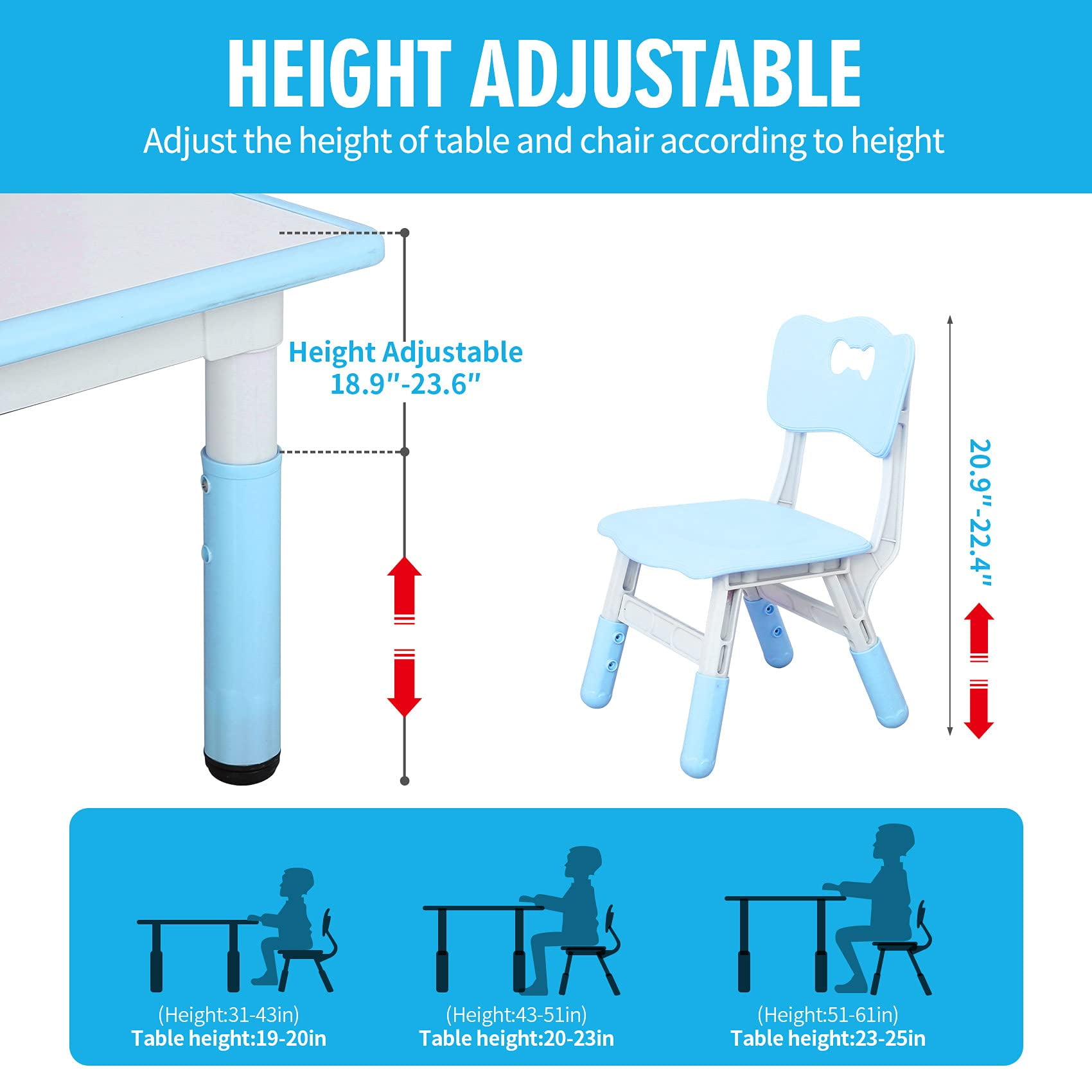 UNICOO® Kids Study Table and Chairs Set, Height Adjustable Plastic Children Art Desk with 4 Seats, Kids Multi Activity Table Set (White Top + Blue Border)