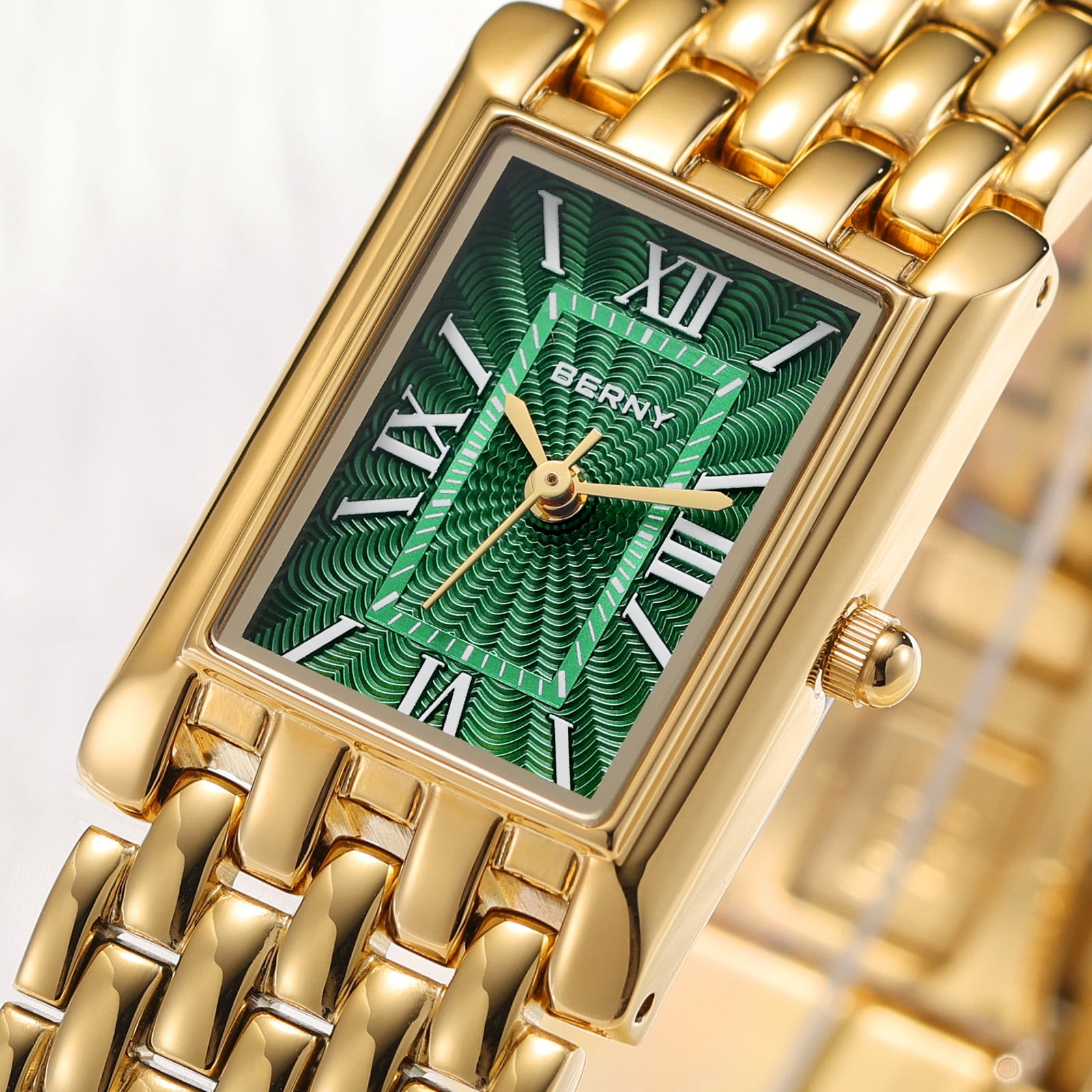 BERNY Small Gold Watches for Women, Luxury Vintage Rectangular Case Roman Dial, Dainty Stainless Steel Bracelet Watch, Adjustment Tool Included, Waterproof, Womens Gold Watch Gifts (Green)