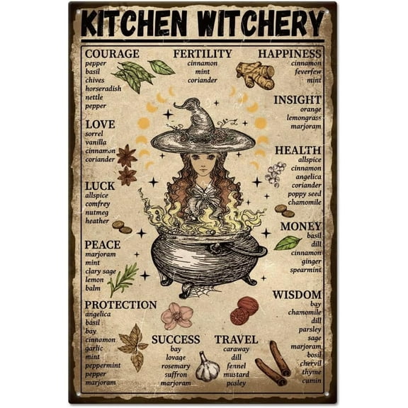 1 pc Kitchen Witchery Metal Tin Sign 12x8in/30x20cm for Garage Signs Garden Signs Art Plaque Poster Wall Decor Cooking Spice Tin Sign for Home Kitchen Bar Club Coffee Shop Orchard