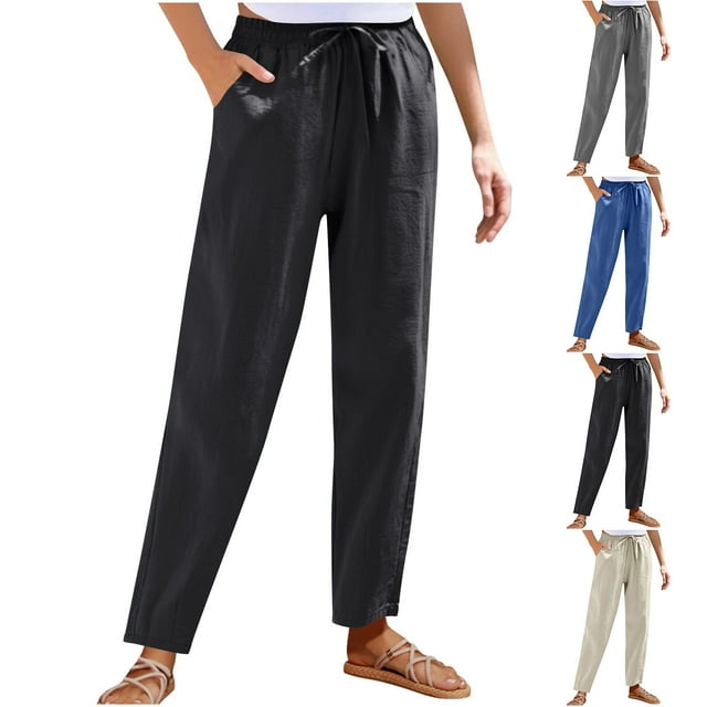 Women's Solid Color Cotton And Linen Pants Summer Loose Casual Wide Leg Long Pants Blue