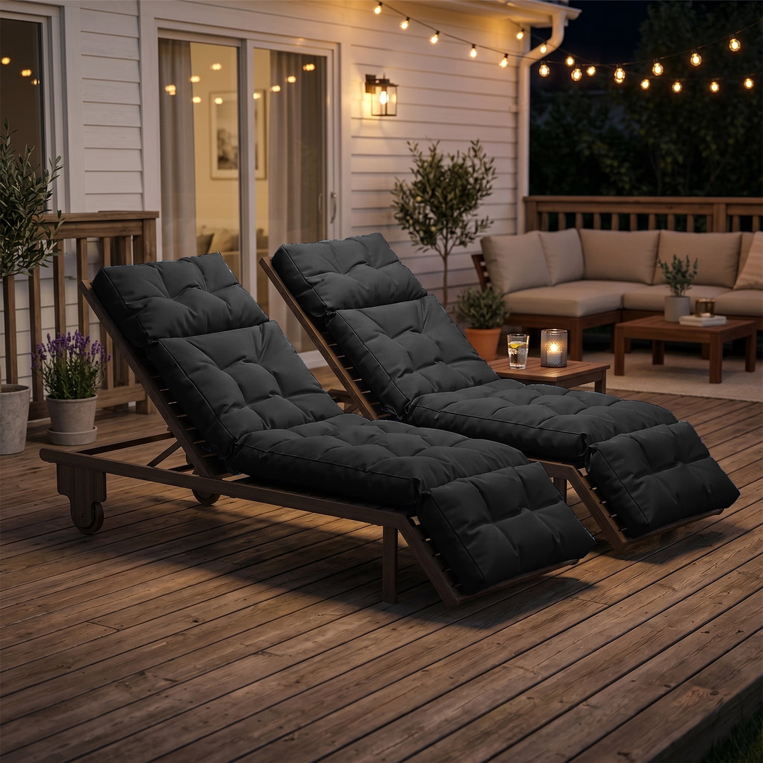 BaPiPro All-Weather Outdoor Chaise Lounge Cushion Set of 2, Secure-Tie Patio Recliner Cushion with Plush PP Cotton Support for Patio, Poolside & Balcony, Black