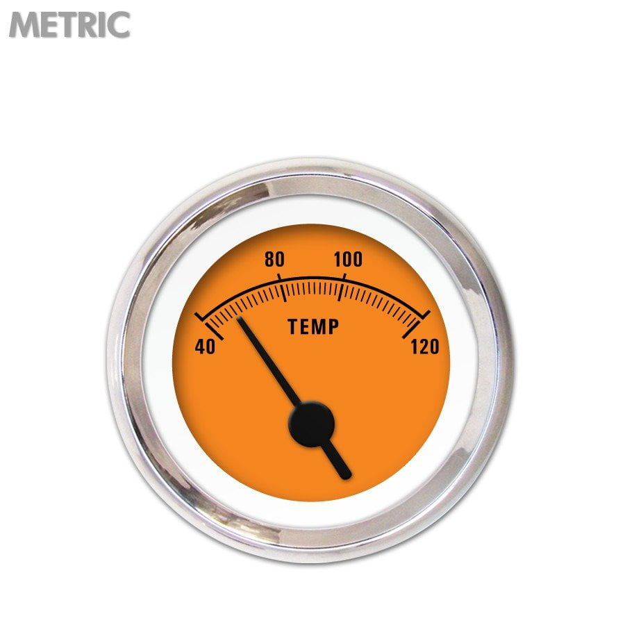 Water Temp Gauge Metric Rider Orange , Black Vintage Needles, Chrome
