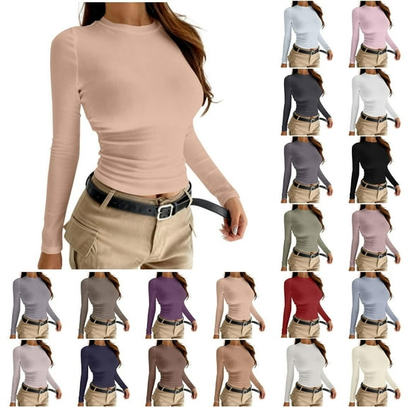 Bixock Fall/Winter Women Warm Clothes,Blouse for Women,,Women Casual Tops Women Shirts Solid Color Round Neck Long Sleeve Tight Stretch Tee for Fall Winter Tops