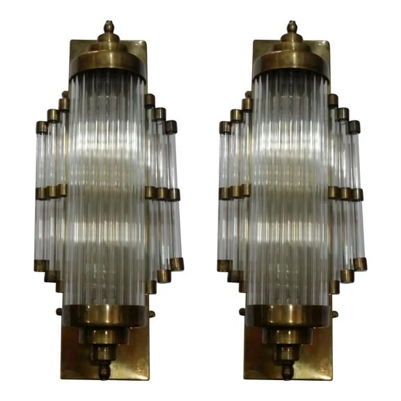 Pair Of Antique Vintage Old Art Deco Brass & Glass Rod Skyscraper Wall Sconces Lamp Light