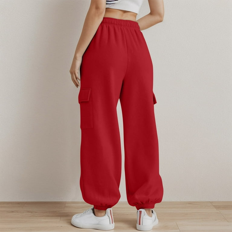 Quealent Cargo Sweatpants for Women Baggy High Waisted Wide Leg Sweatpants Fleece Lined Jogger Style Y2k Parachute Pants Red M Walmart