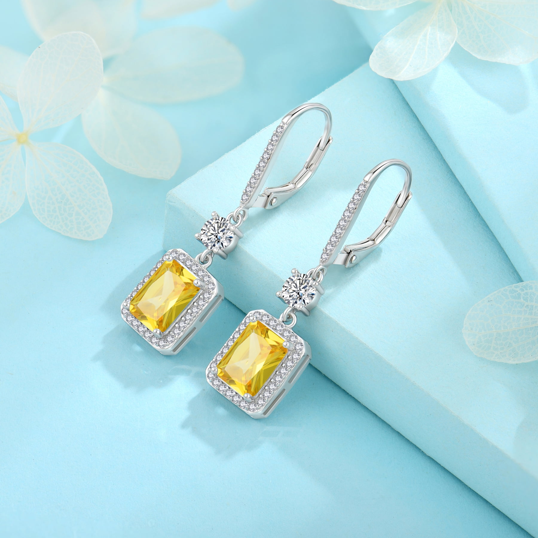 FJ Princess Cut Dangle Drop Earrings 925 Sterling Silver Leverback Square Citrine Halo Earrings November Birthstone Jewelry Gifts for Women