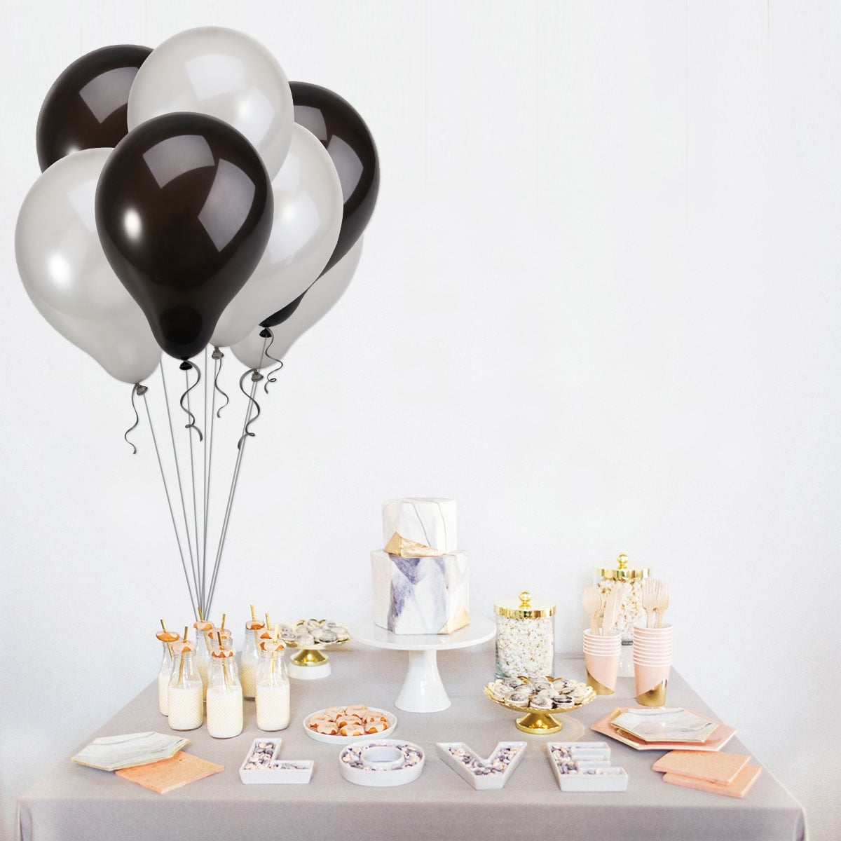 NUOLUX 50pcs Round Natural Latex Balloons for Wedding Birthday Party 2.8g Balloons Toy for Kids Having Fun (Black & Silver)