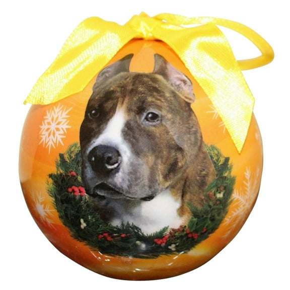Furry Friend Christmas Ball Ornament Topped With Bow, Brown Pit Bull