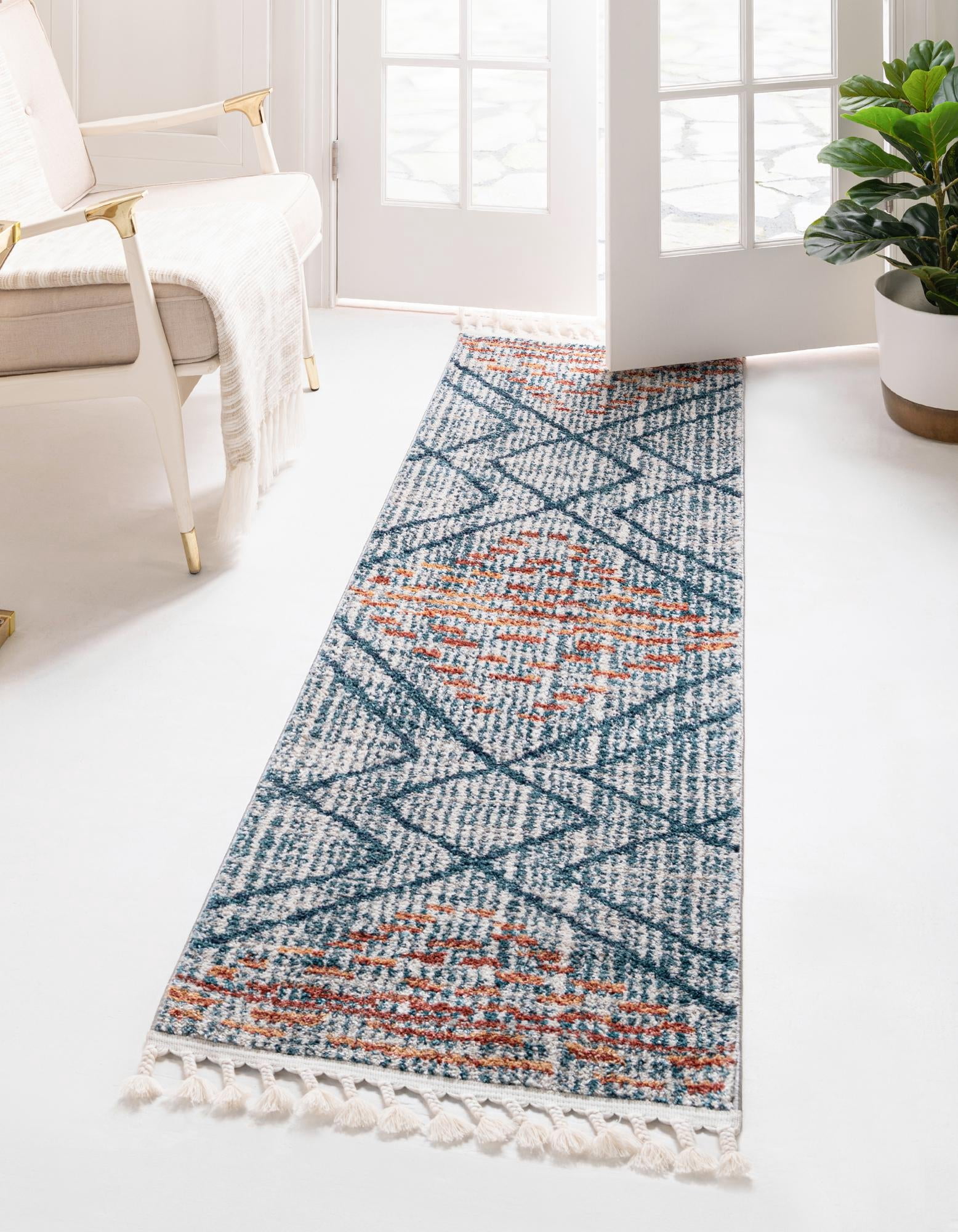 Unique Loom Aramis Collection Area Rug - Kavi (2' x 8' Runner Blue/Cream)