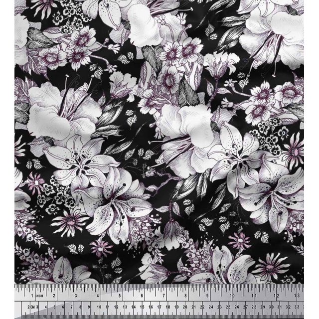 Soimoi Silk Fabric Leaves & Flower Floral Fabric Prints By Yard 42 Inch Wide