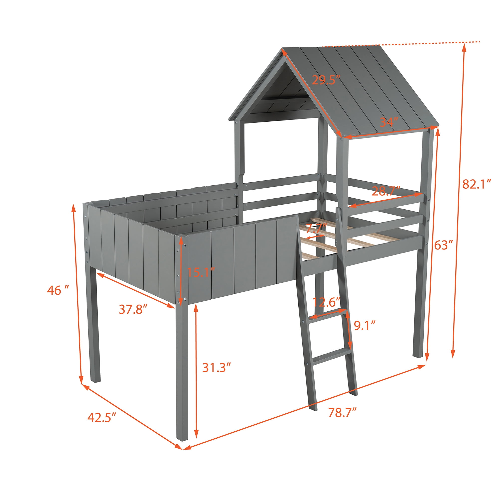 Modern Twin Size Loft Bed Wood Bed with Roof, Guardrail & Ladder, Toddler House Bed Bedroom Furniture, Space-Saving Wood Bed Frame, Under Bed Storage, No Box Spring Needed (Gray)