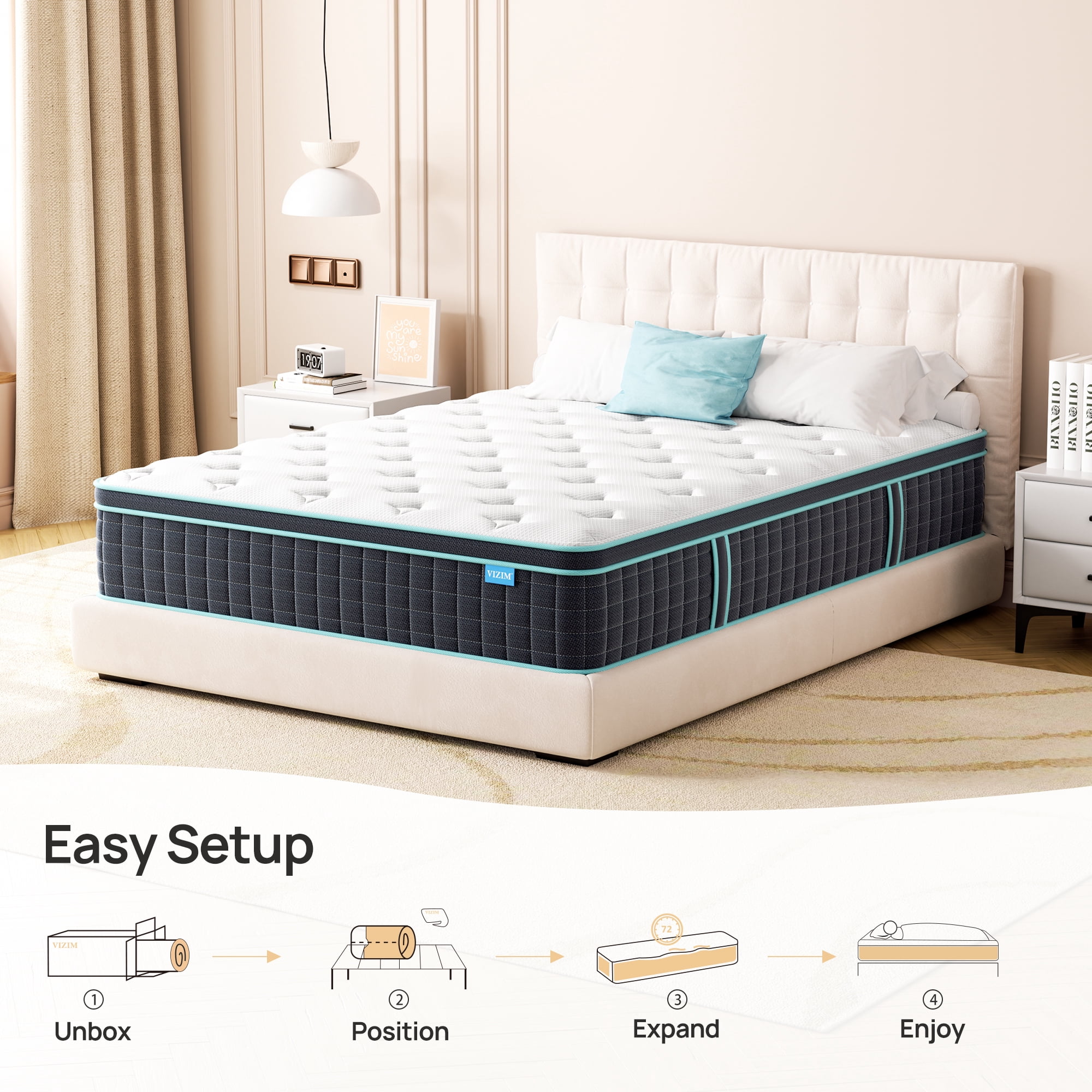 Queen Mattress in a Box,VIZIM 12 Inch Memory Foam Pocket Spring Hybrid Queen Size Mattresses for Motion Isolation & Back Pain Relief, Edge Support
