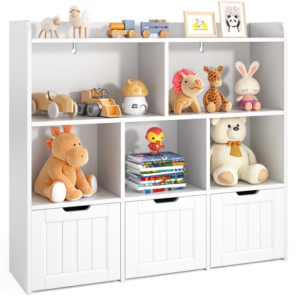 Asofer Kids Bookshelf with 3 Movable Drawers and 6 Open Shelves, Toy Chest Storage Bookcase for Playroom Kids Room, White