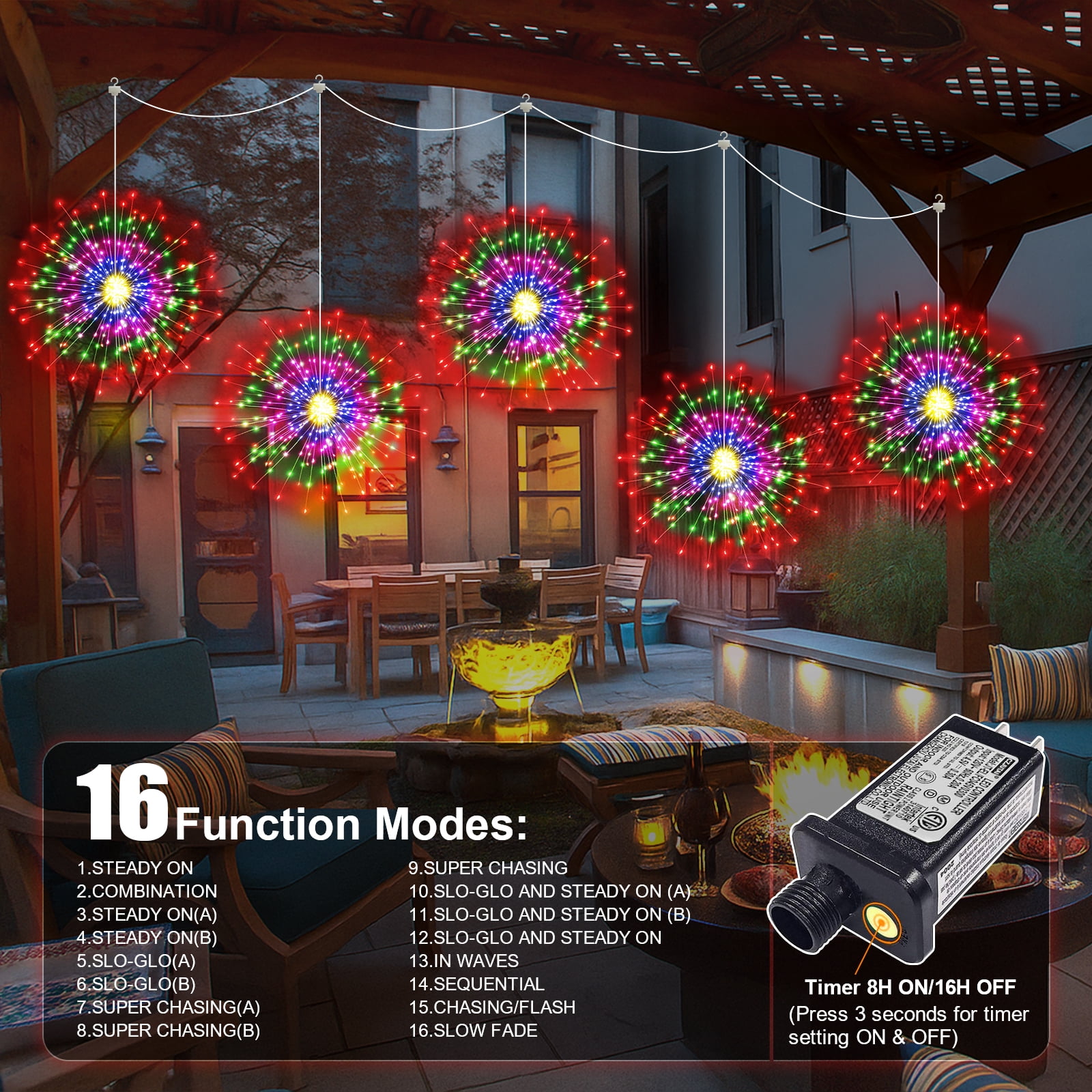 LED Starburst Firework Lights,5 Pack Outdoor String Lights - 1000 LED Hanging Bursting Star Lights, 16Modes Waterproof Copper Wire Christmas Decorative for Party, Patio, Garden (Multicolor)