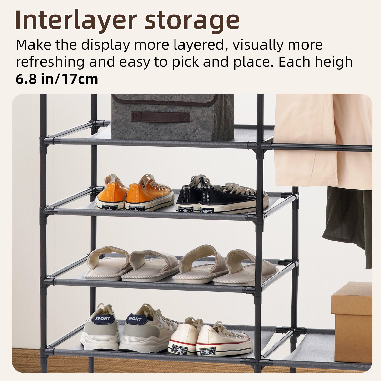 Metal Garment Rack,Hanging Clothes Rack Storage Shelves with 2 Side Hooks,Portable Freestanding Multifunctional Wardrobe Closet