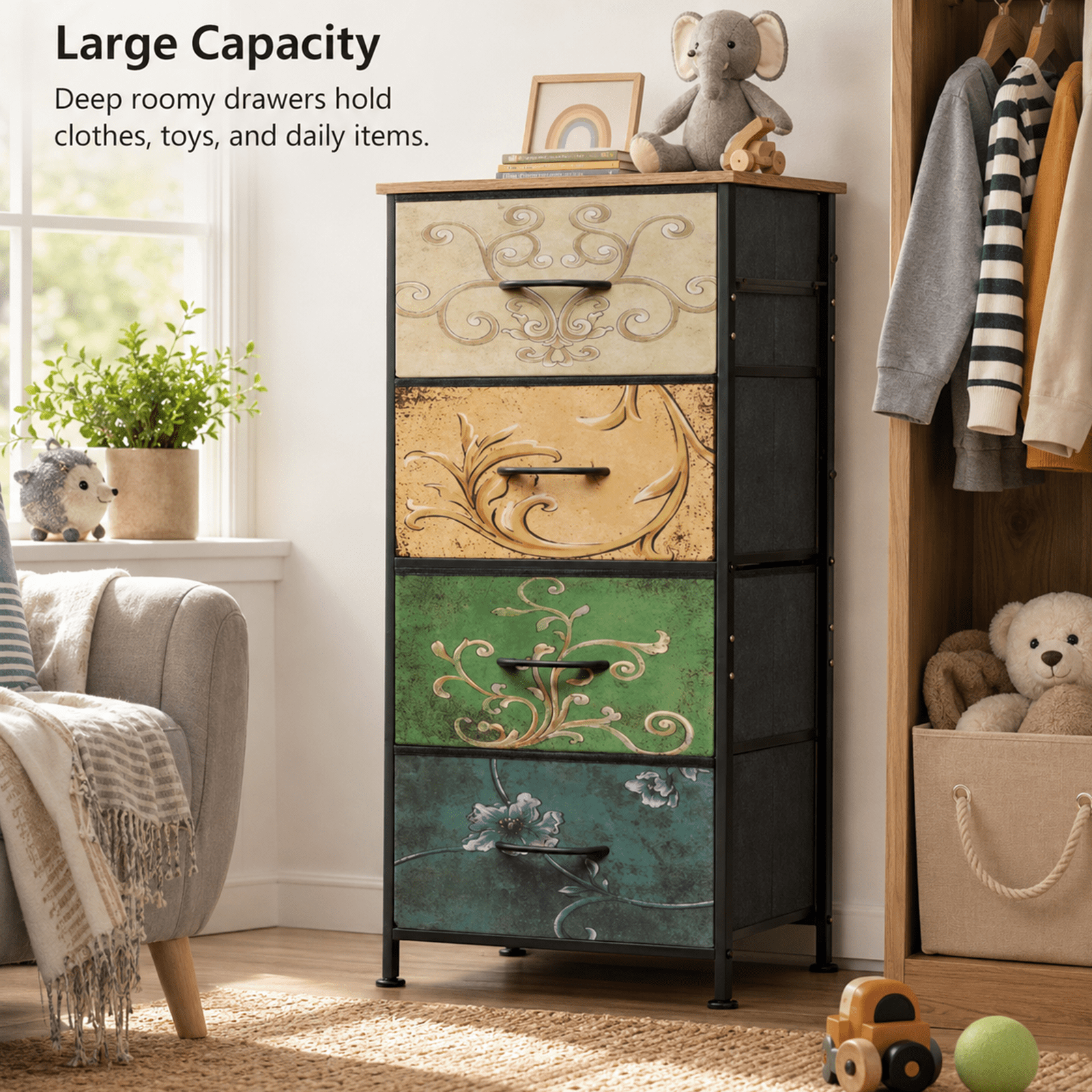 Alvantor 4/5/7/8/9-Drawer Dresser, Fabric Storage Tower for Bedroom, Hallway, Entryway, Closet, Tall Chest Organizer Unit with Fabric Bins, Steel Frame, Wood Top, Easy Pull Handle, Floral Painted