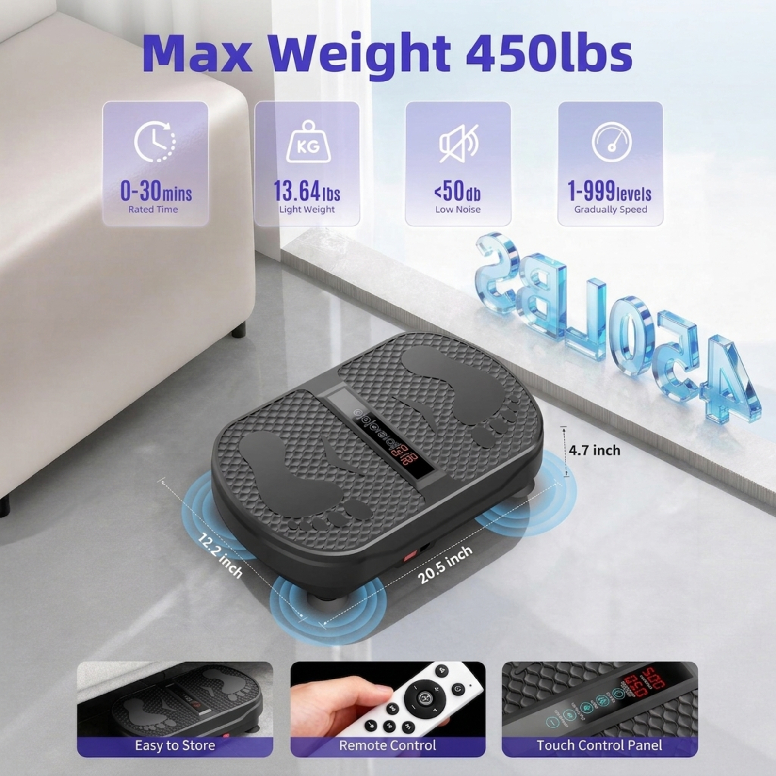 Fenbeli Vibration Plate Exercise Machine for Full-Body Workouts, 1-999 Speeds, Wireless Speaker, Remote, 2 Loops and 5 Resistance Bands, 450 lb Capacity, Black