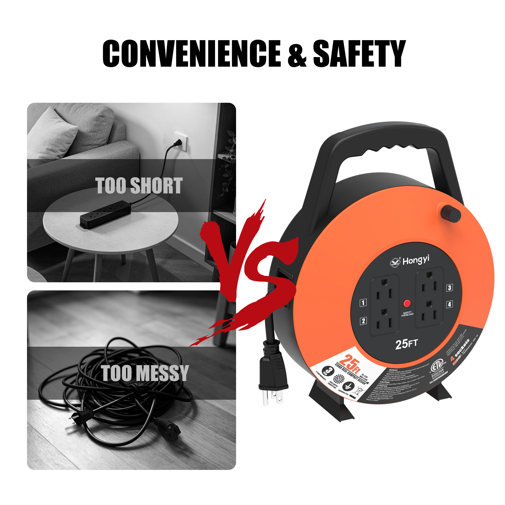 Hongyi 25 ft Extension Cord Reel with 4 Outlets photo 5