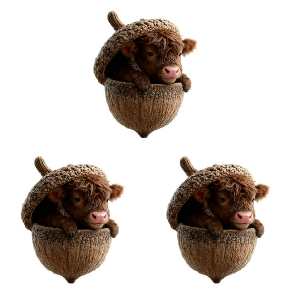 3PCS 2026 Highland Cow Acorn Ornaments, 2D Flat Acrylic Cartoon Cow Hanging Decor, Cute Animal Christmas Tree Ornaments for Holiday Home Party Decorations-C