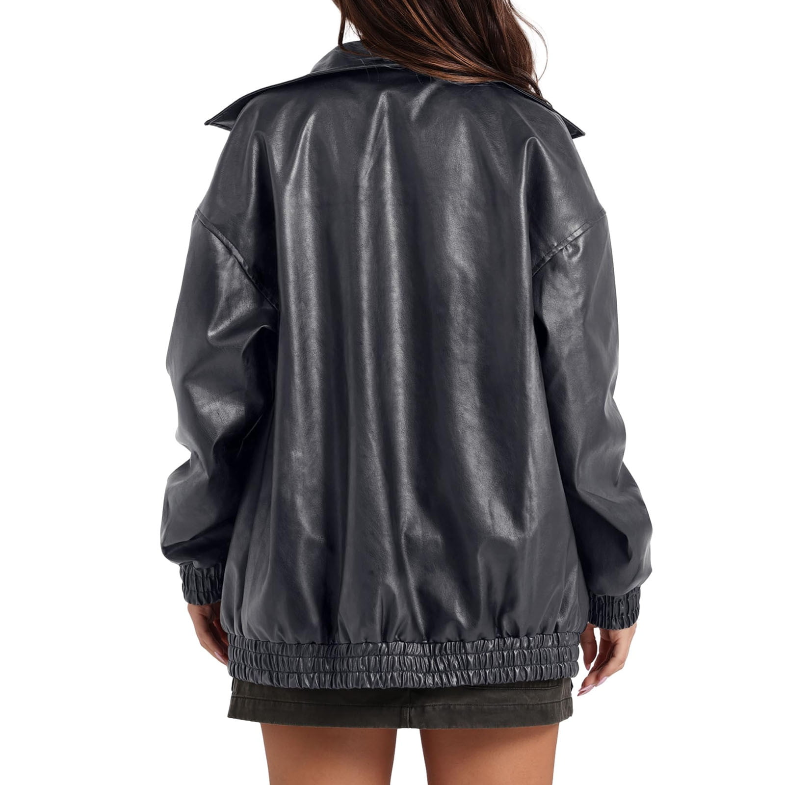 Akafmk Womens Faux Leather Jackets,Plus Size Motorcycle Jacket,Women's Solid Flip Collar Fall and Winter Long Sleeve Fashion Leather Jacket Coat Fall Winter Loose Windbreaker Jacket Outerwear