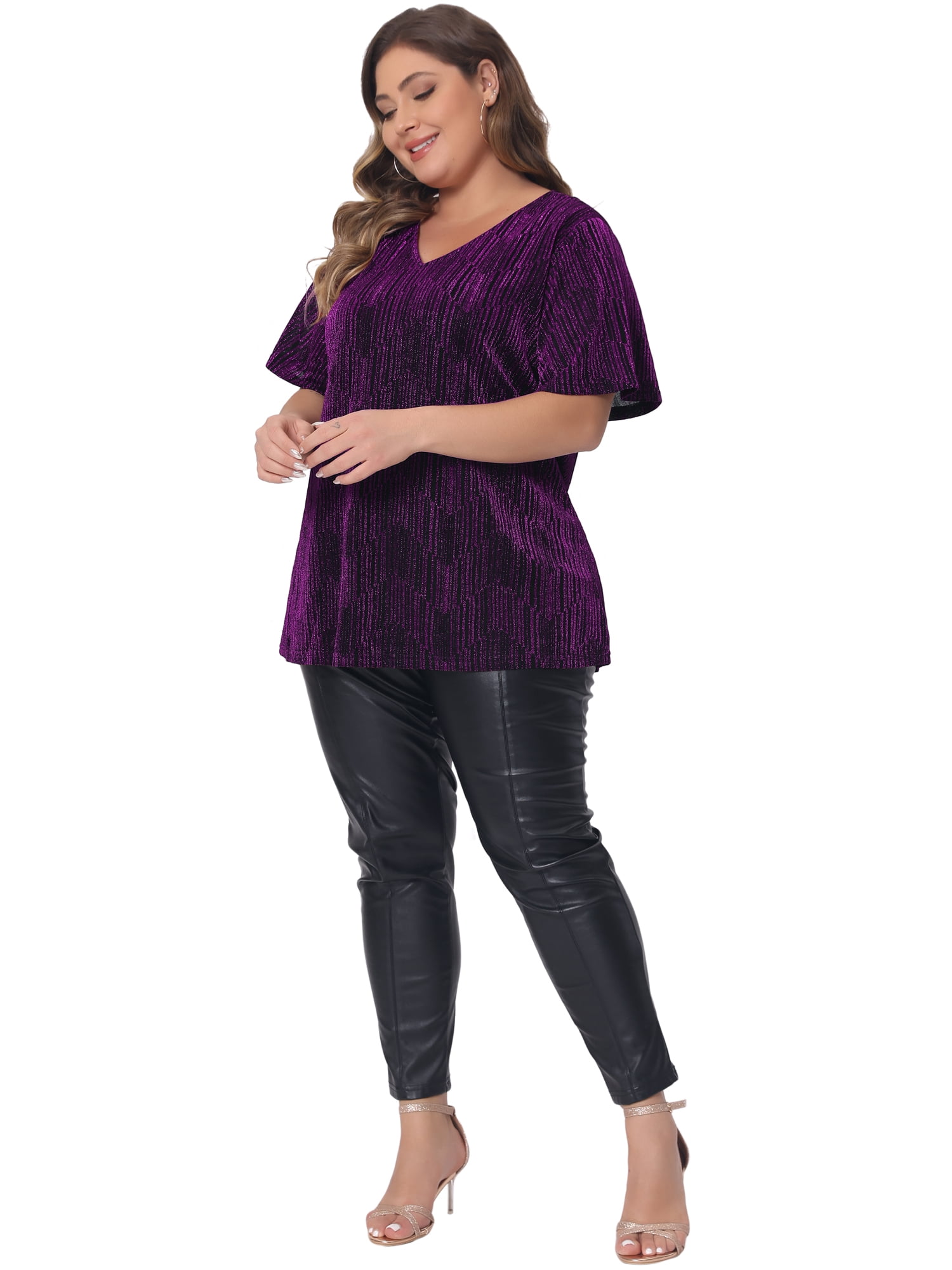 DARING DIVA Women's Plus Metallic Tops V Neck  T-Shirt Party Top Glitter Blouses 3X Purple