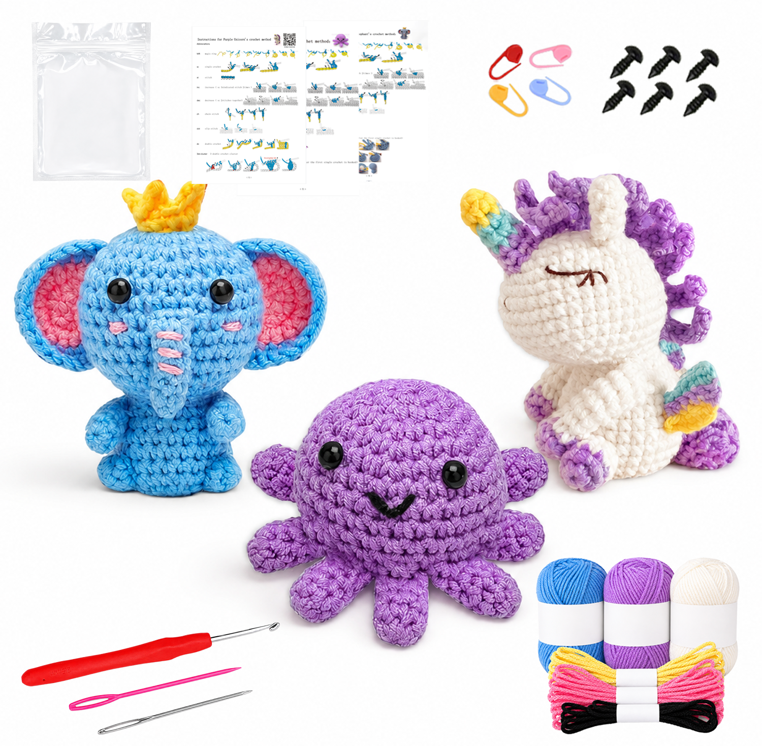 Yarniss Beginner Crochet Kit with 3 Animal Patterns