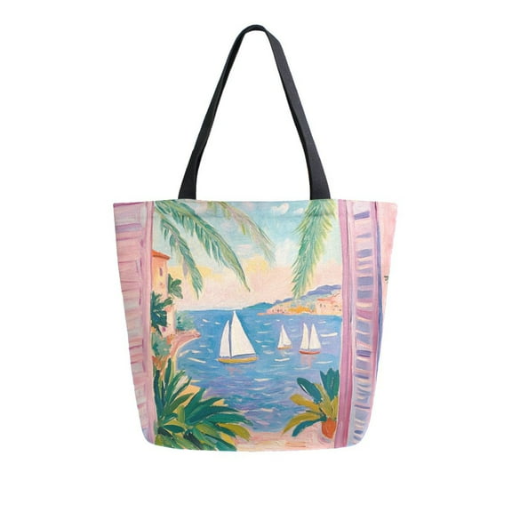 FORMRS Womens Canvas Tote Bag with Zipper Inner Pocket Shoulder Handbag, Pink Seaside Boat