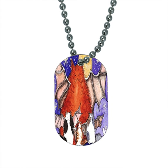 KuzmarK Pendant Dog Tag Necklace - Batty Kitty Family & Full Moon Halloween Cat Art by Denise Every