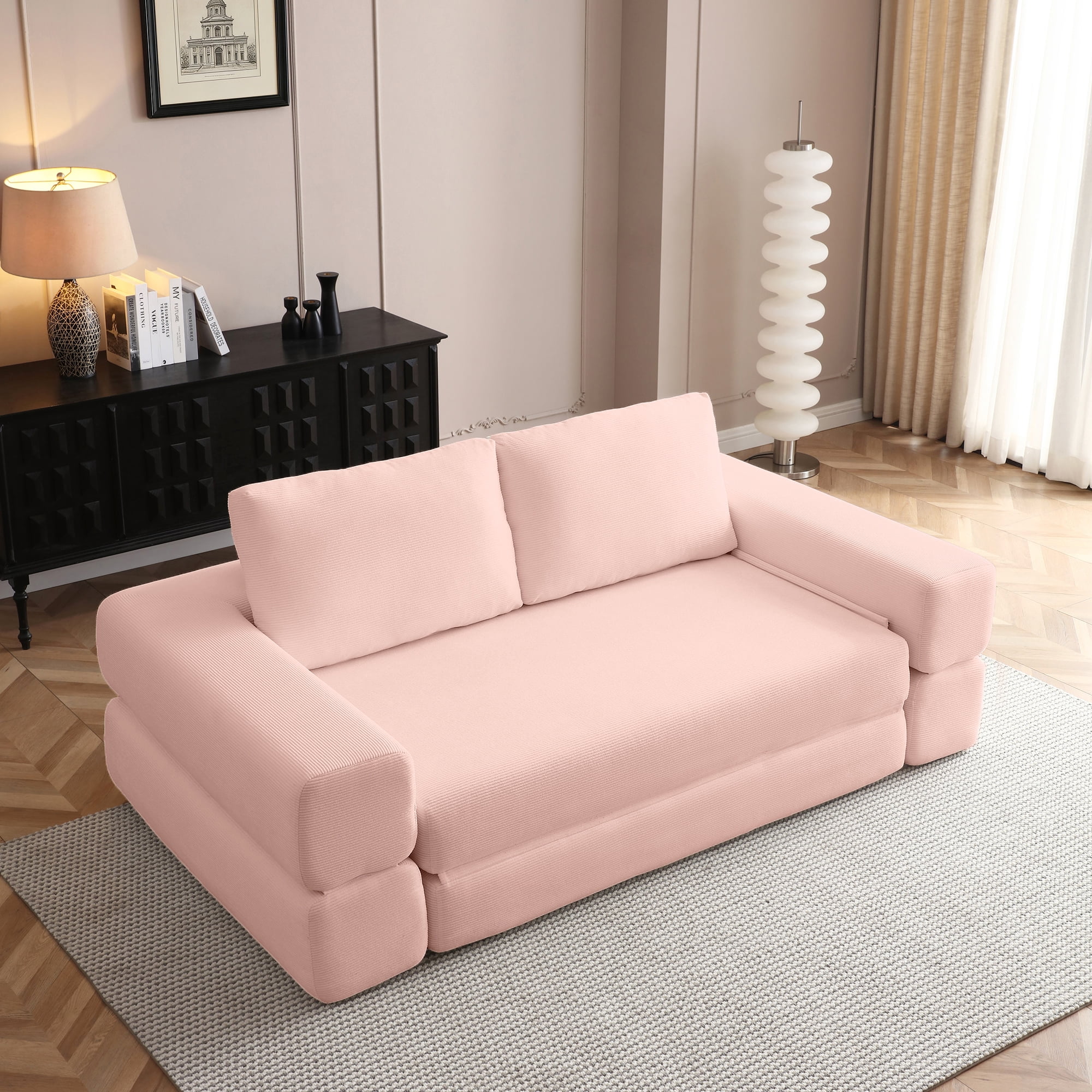 81-Inch Convertible Sofa Bed with Pillows, 3-in-1 Folding Floor Couch and Corduroy Futon Sleeper Mattress for Living Room and Bedroom, Pink