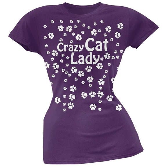 Crazy Cat Lady Paw Prints Purple Soft Juniors T-Shirt - Medium